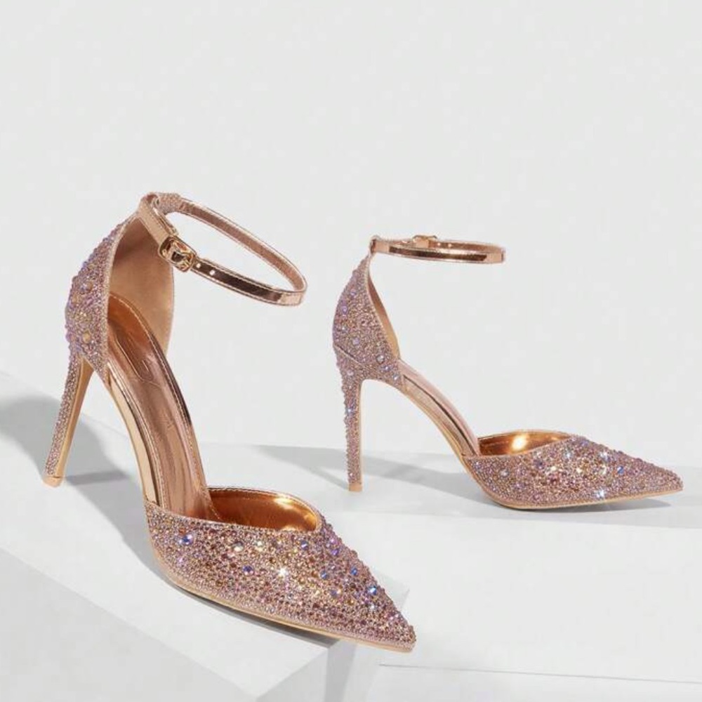 Valentines Day   Rhinestone Decor Point Toe Stiletto Heeled Ankle Strap Pumps - Picture 3 of 5